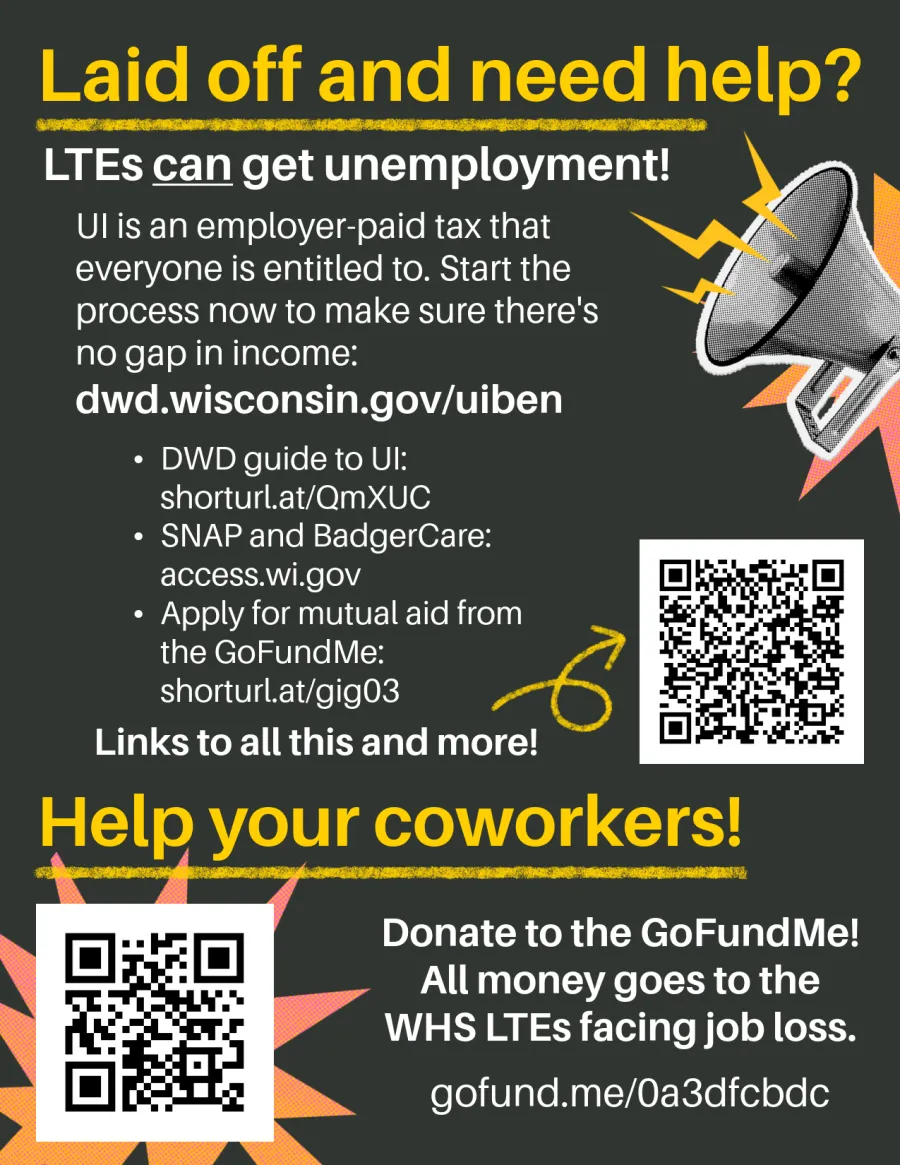 Flier for GoFundMe campaign for laid-off Wisconsin Historical Society workers with QR codes