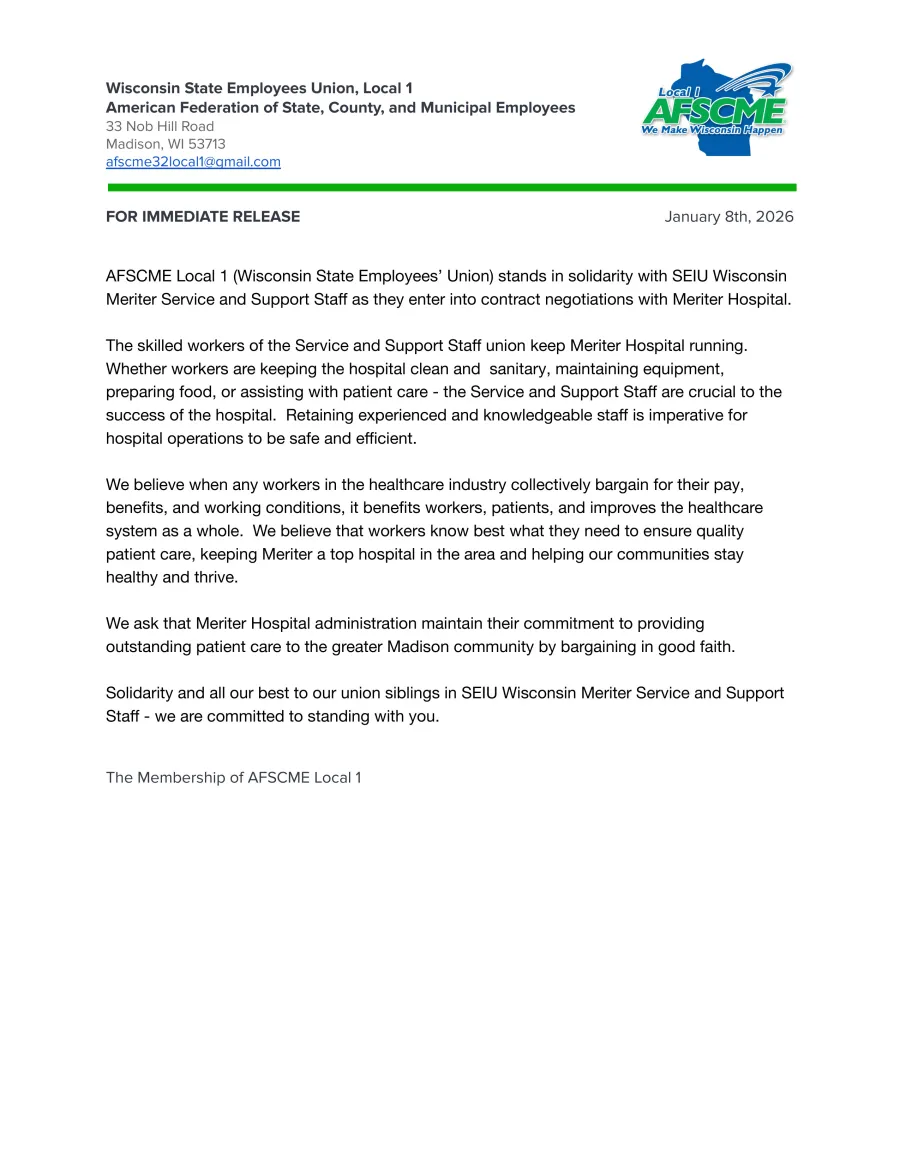 AFSCME Local 1 stands in solidarity with SEIU Wisconsin Meriter Service and Support Staff