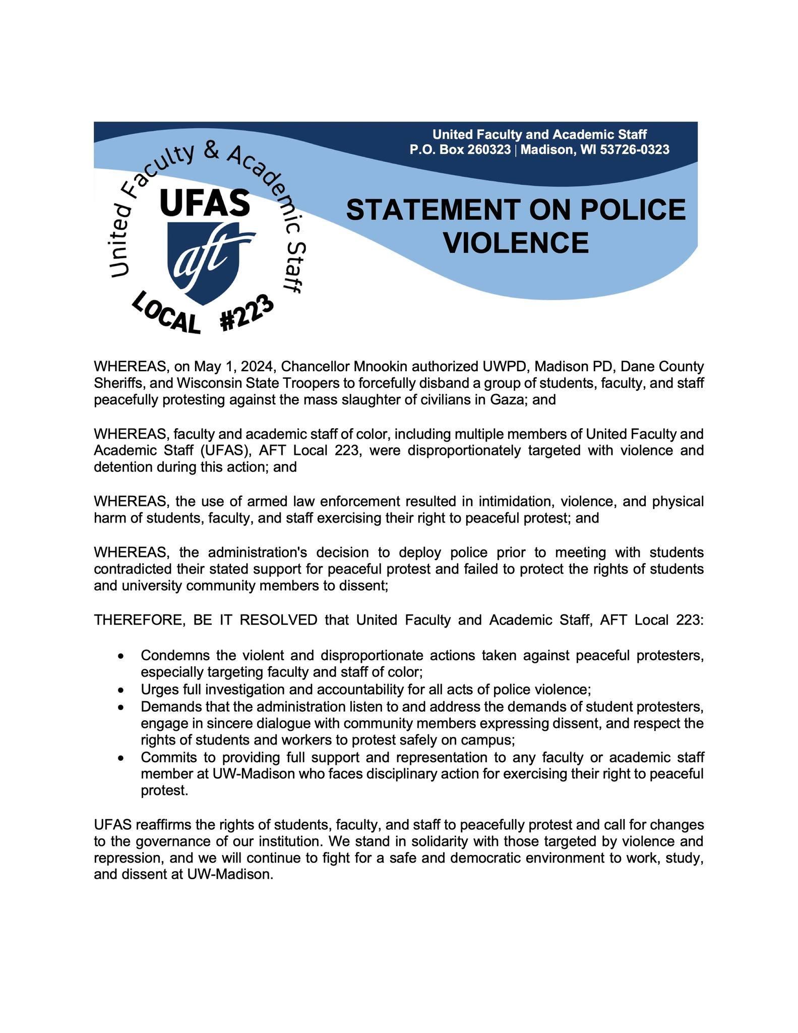 United Faculty and Academic Staff (UFAS) Statement on Police Violence